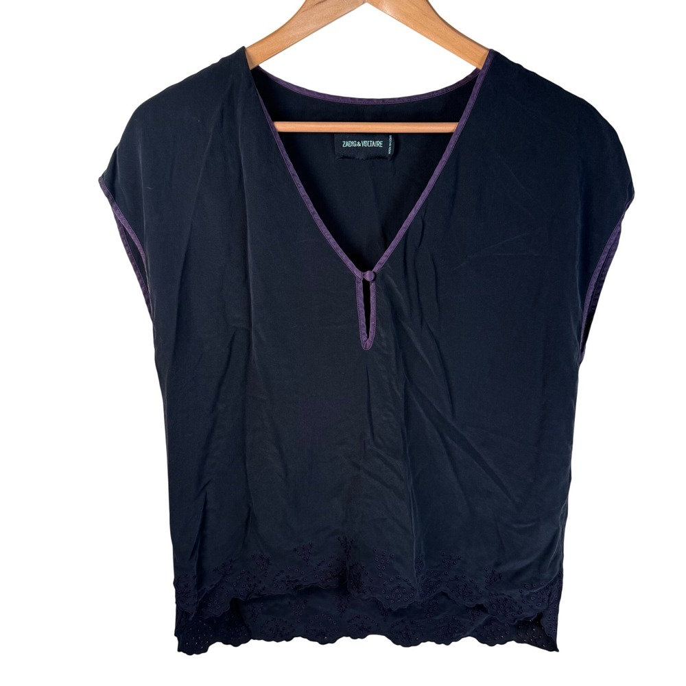 Zadig &‎ Voltaire Tapou Silk Blouse Womens M Black Purple Eyelet Classic Capsule